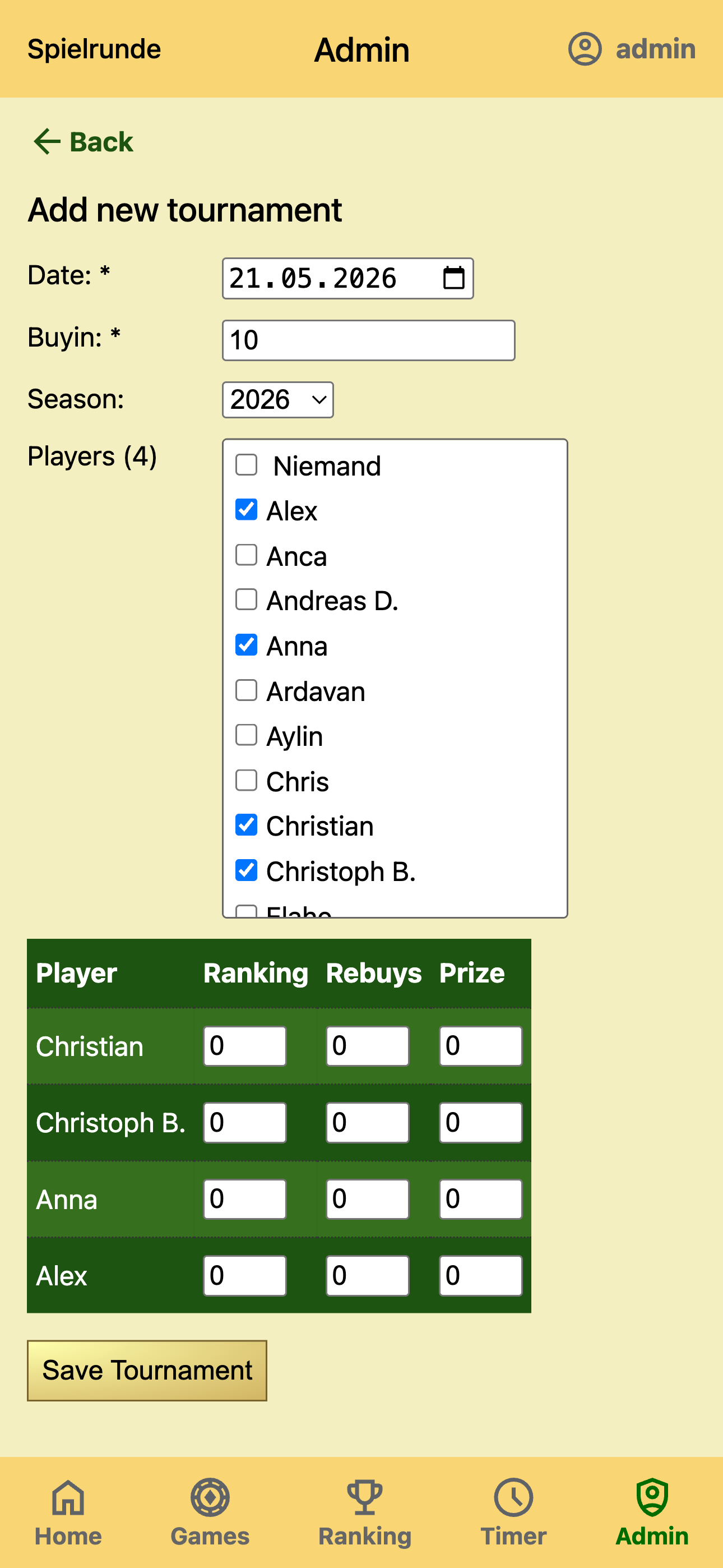 Tournament Organizer admin